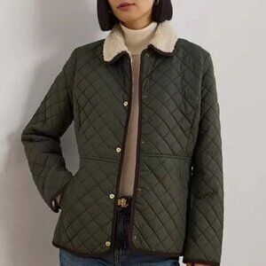 NWT Ralph Lauren Quilted Jacket S Green Faux Sherpa Collar Corduroy Trim Coat